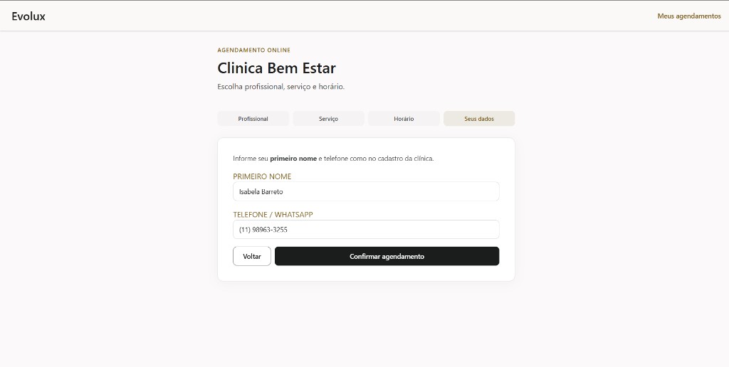 Agendamento online — confirmação com nome e telefone.